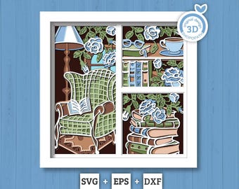 Reading Chair with Books Panels - 3D Shadow Box Layered SVG DXF EPS (Cutting Files)