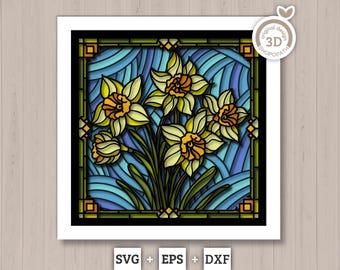 クレマチスの花のステンドグラス - 3DシャドウボックスレイヤーSVG DXF