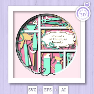 Anpassbare 3D-Friseursalon-Werkzeuge Schattenbox SVG, 3D-Schicht-Frisur SVG, 3D-Beauty-Svg, Glätteisen 3D-Svg, 3D-Frisur-Svg Cricut Silhouette