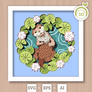 Lontra 3D su scatola d'ombra dello stagno del fiore del giglio SVG, 3D estate SVG, 3D lontra Svg, 3d pioggia SVG, 3d fiore di loto SVG, stagno 3d SVG, Cricut Silhouette