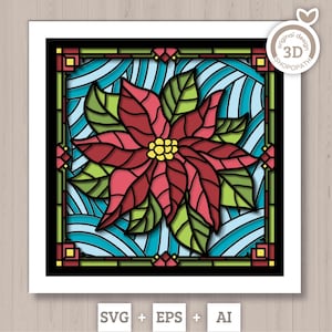 3D SVG vitrail fleur de poinsettia, svg fleurs 3D, vitrail 3D papercut, poinsettia Shadow Box svg, Silhouette Cricut