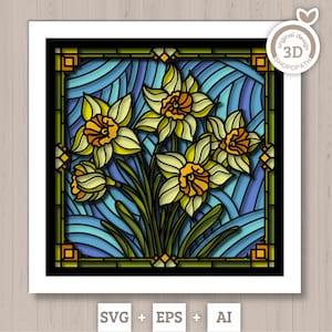 3D SVG vitrail fleurs narcisses Shadow Box, svg fleurs 3D, vitrail floral 3D SVG Papercut, Shadow Box svg, Silhouette Cricut