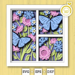 3D Butterfly Shadow Box SVG, Layered Wild Flowers SVG, Spring Shadow Box, Blue Morpho 3D Svg, 3d Svg Flowers Papercut, Cricut Silhouette