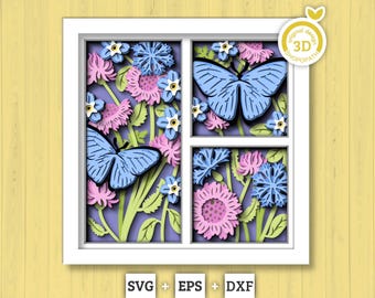 3D バタフライ シャドーボックス SVG、レイヤード ワイルドフラワー SVG、スプリング シャドーボックス、ブルー モルフォ 3D SVG、3D SVG フラワー ペーパーカット、クリカット シルエット