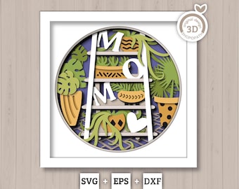 3D SVG moeder Shadow Box SVG Moederdag Shadow Box lentetuin met bladeren keramische potplanten gelaagde svg, Cricut silhouet