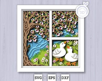Geese with Blossom Tree Panels - 3D Shadow Box Layered SVG DXF EPS (Cutting Files)