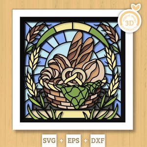 Scatola delle ombre in vetro colorato con cestino da panetteria in formato 3D SVG, Vetro colorato da panetteria in formato SVG, File DXF EPS per il taglio di vetrate colorate per Cricut Silhouette Brother