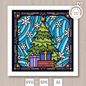 Albero di Natale in vetro colorato 3D SVG con scatola portaoggetti per regali, albero di Natale 3D SVG, fiocchi di neve 3D SVG, Shopopath 3D Svg, Cricut Silhouette