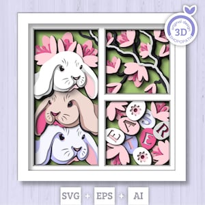 Coniglietto pasquale in formato SVG 3D, ombra, albero primaverile in fiore, fiori di magnolia a strati, fiori 3D, silhouette Cricut.