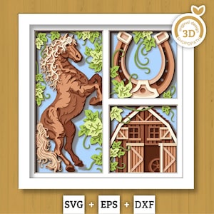 May include: A layered paper art piece featuring a brown horse rearing up, a horseshoe, and a barn. Green vines and a light blue background are visible. The artwork is framed in white and includes the text "SVG + EPS + DXF".