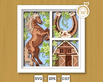 May include: A layered paper art piece featuring a brown horse rearing up, a horseshoe, and a barn. Green vines and a light blue background are visible. The artwork is framed in white and includes the text "SVG + EPS + DXF".