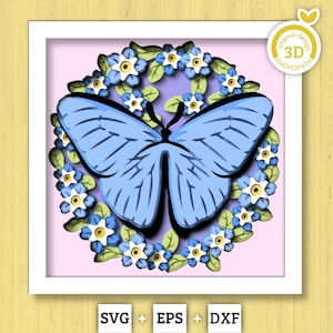 Blue Morpho Butterfly Forget-Me-Nots - 3D Shadow Box Layered SVG DXF EPS (Cutting Files)