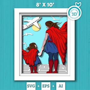 3D SVG Tochter und Mutter Shadow Box, 8 x 10 Zoll Super Mom 3D svg, 3D Layered Hero Mom SVG, Playtime svg Held Shadow Box Cricut Silhouette