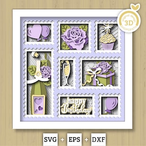 Birthday Stamps with Roses - 3D Shadow Box Layered SVG DXF EPS (Cutting Files)