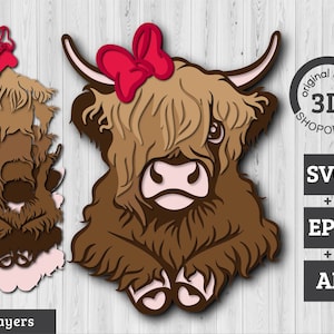 3D gelaagde Highland Cow Bow SVG EPS, gelaagde koe Svg, gelaagde papercut svg, lang haar koe Svg, lasergesneden koe, Cricut Glowforge