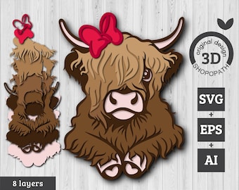 3D Layered Highland Cow Bow SVG EPS, Layered Cow Svg, Layered Papercut svg, Long Hair Cow Svg, Laser Cut Cow, Cricut Glowforge