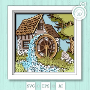 Scatola con ombra del mulino ad acqua in formato 3D SVG, Cabina a strati in formato SVG, Fiume in formato 3D SVG, Mulino a strati in formato 3D SVG, Scatola con ombra estiva, Flusso d'acqua in formato 3D SVG, Silhouette Cricut