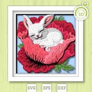 Lapin SVG 3D dormant dans une boîte ombre pavot, 3D lapin Svg, printemps ombre boîte 3D Svg, 3D DXF fleur de pavot lapin de Pâques 3D DXF Cricut Silhouette