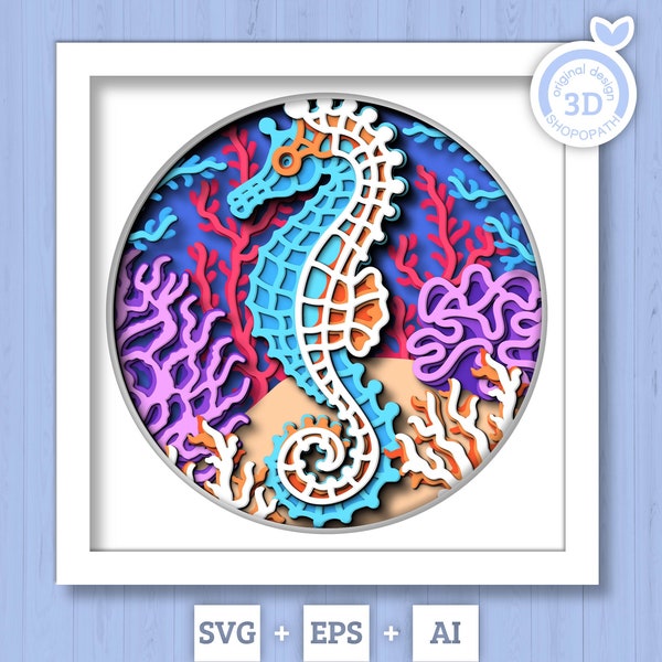 3D Sea Shadow Box SVG, 3D Seahorse Shadow Box, 3D Seahorse SVG, Coral Reef 3D Svg, Sea Creatures 3d Svg, Nautical svg, Cricut Silhouette