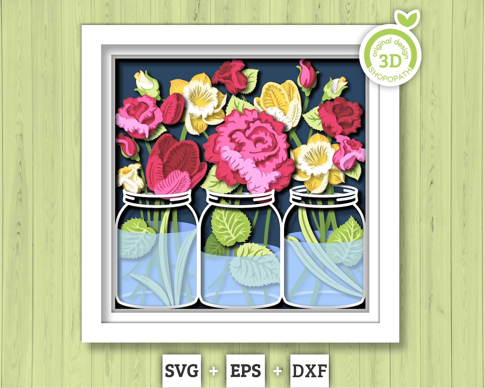3D Layered Spring Shadow Box, Jar With Flowers 3D SVG , Floral Shadow ...