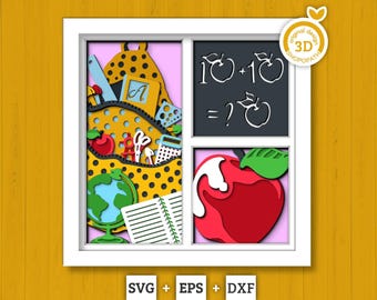 School with Apple Panels - 3D Shadow Box Layered SVG DXF EPS (Cutting Files)