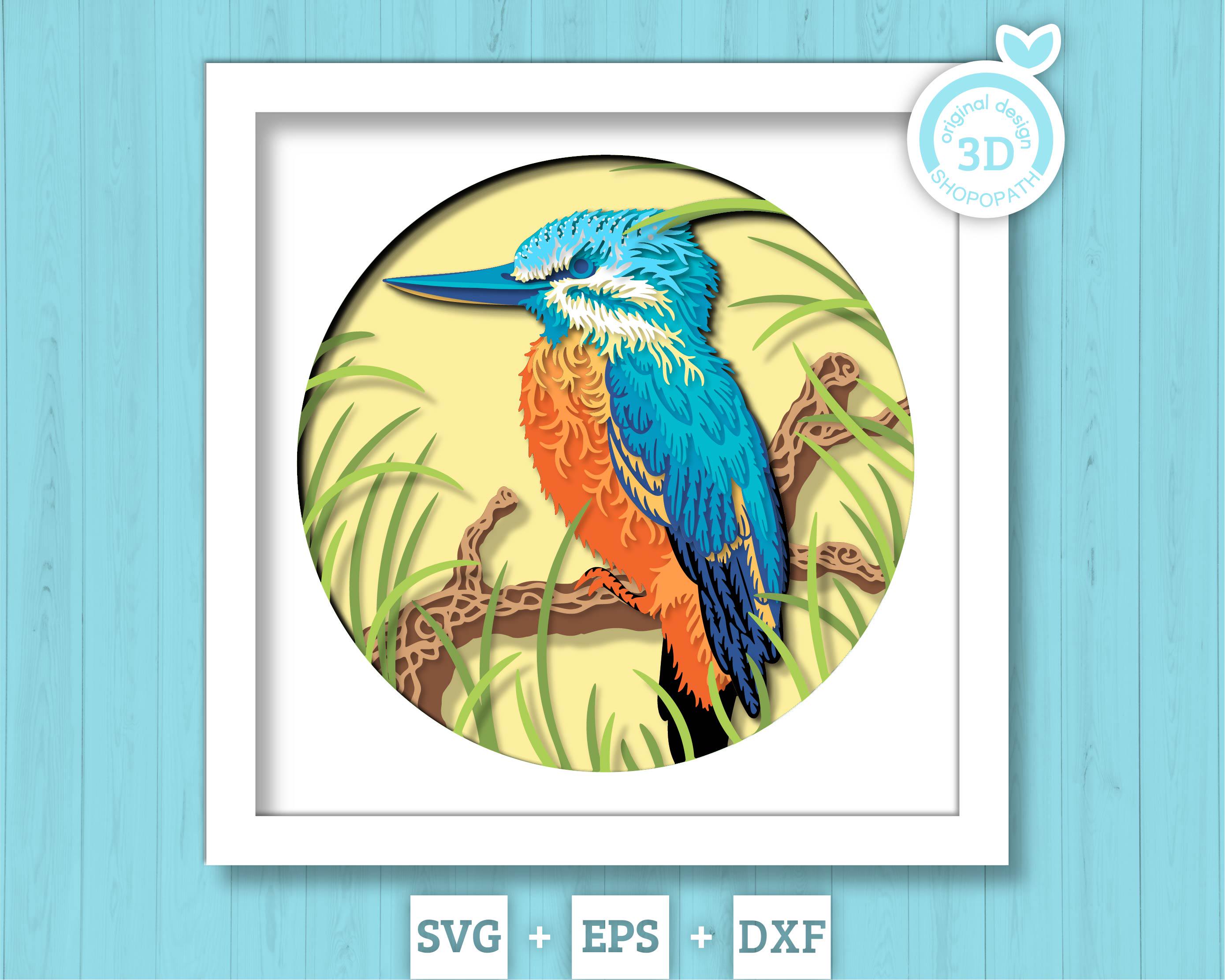 枝に止まるカワセミ - 3D シャドウボックス レイヤー SVG DXF EPS