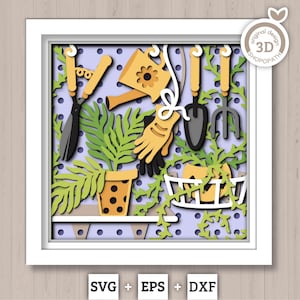 3D SVG Gardening Tools Shadow Box SVG Spring Garden With Leaves and Flowers With Potted Plants And Tools Layered svg, Cricut Silhouette