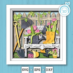 Ławka 3D SVG z narzędziami ogrodniczymi w ramce cienia, wiosenny ogród 3D SVG, ogrodnictwo 3D SVG, wiosna 3D SVG, narzędzia ogrodowe 3D SVG, sylwetka Cricut