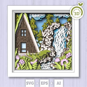 Cascada SVG 3D con cabina de sombra, cabina SVG en capas, cascada SVG, cabina SVG 3D, cabina de sombra de verano, flores SVG 3D, silueta de Cricut