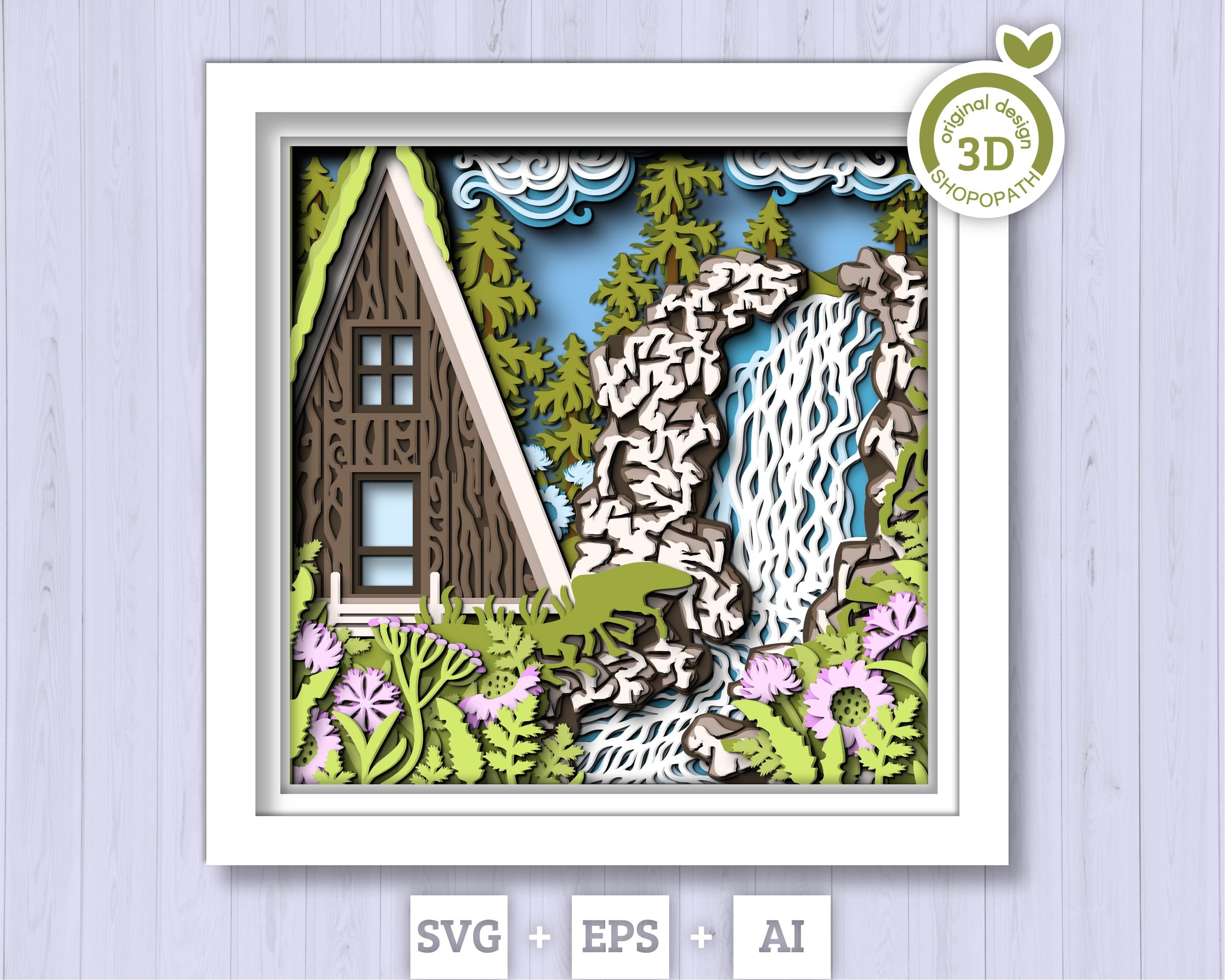 3D SVG Waterfall With Cabin Shadow Box, Layered Cabin SVG, Waterfall SVG, Cabin 3D Svg, Summer Shadow Box, 3D Flowers Svg, Cricut Silhouette