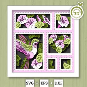 3D SVG Hummingbird With Morning Glory Flowers Shadow Box, 3D Summer SVG, 3D Humming Bird SVG, Stamps Frame 3d Svg, Cricut Silhouette