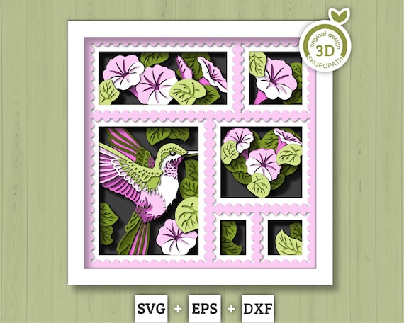 3D SVG Hummingbird With Morning Glory Flowers Shadow Box, 3D Summer SVG, 3D Humming Bird SVG, Stamps Frame 3d Svg, Cricut Silhouette