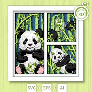 3D SVG Panda Bears Shadow Box, oursons panda SVG 3D, Bambou 3D Svg, bébé panda 3D SVG, bébé panda Shadow Box SVG 3D, Silhouette Cricut