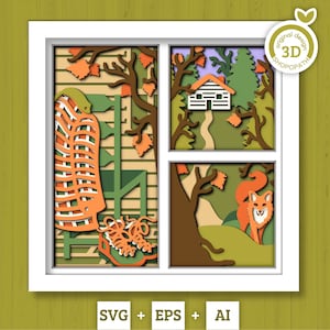 3D SVG cabane en bois, boîte, animaux de la forêt, couche de renard SVG EPS, boîte de l'ombre d'automne, Svg 3D automne, feuilles, Silhouette Cricut