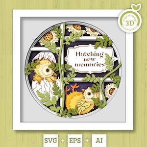 Caixa de sombra 3D SVG de pintinhos com flores de calêndula em um painel redondo. Arquivos de corte em camadas para máquinas Cricut Silhouette, Brother ou Laser.
