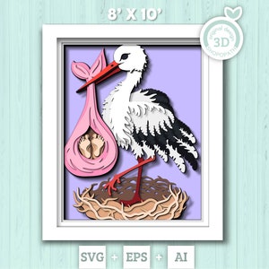 3D livraison bébé cigogne ombre boîte SVG, 8 x 10 pouces svg 3d cigogne en couches, baby shower 3d svg, svg 3d nouveau-né chambre d'enfant SVG Cricut Silhouette
