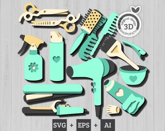 May include: A set of 12 teal and yellow hair styling tools, including scissors, combs, brushes, a hair dryer, a curling iron, a flat iron, a spray bottle, a hair dye bowl, and hair dye tubes. The tools are arranged on a woodgrain background. The text "original design 3D SHOPOPATH" is in a circle with a leaf on top.