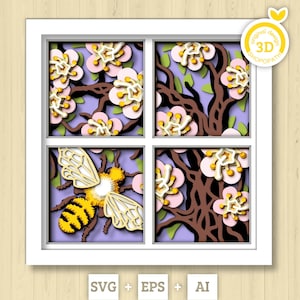 3D abeille avec fleurs printanières ombre boîte SVG, SVG de couches de fleurs, abeille ombre boîte, abeille Svg, couches de fleurs Papercut svg Cricut Silhouette