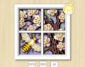 3D Bee With Spring Blossoms Shadow Box SVG, Layered Flower SVG, Bee Shadow Box, Honey Bee Svg, Layered Flower Papercut svg Cricut Silhouette