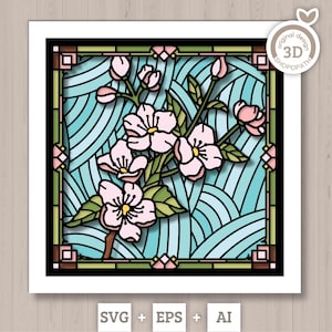 3D SVG Stained Glass Cherry Blossoms Flowers Shadow Box, 3D Flowers svg, 3D Floral Stained Glass Papercut, Shadow Box svg, Cricut Silhouette