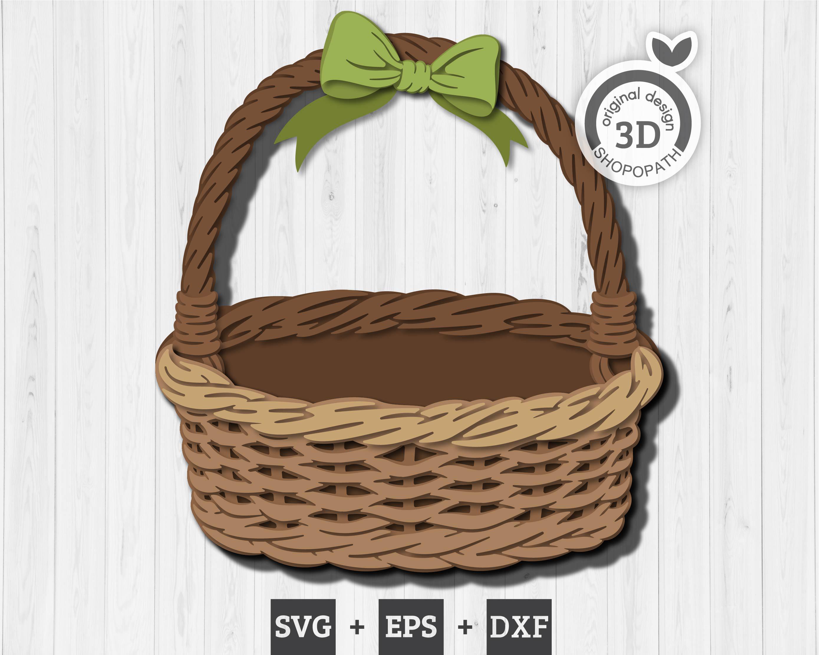 Wicker Basket 3D SVG Element With Green Bow on Top, Layered Basket