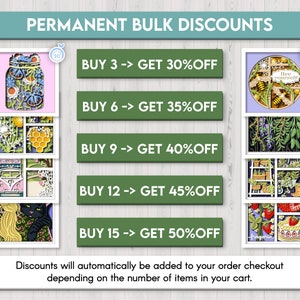 May include: Green and white graphic with the text "PERMANENT BULK DISCOUNTS" at the top.  Five green buttons with white text list discounts for buying 3, 6, 9, 12, and 15 items.  The text on the buttons reads "BUY 3 -> GET 30%OFF", "BUY 6 -> GET 35%OFF", "BUY 9 -> GET 40%OFF", "BUY 12 -> GET 45%OFF", and "BUY 15 -> GET 50%OFF".  The text below the buttons reads "Discounts will automatically be added to your order checkout depending on the number of items in your cart."