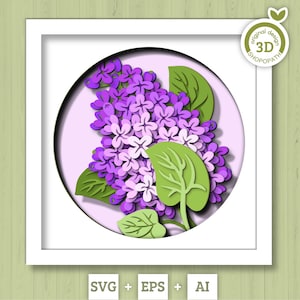 Caja de sombras con flores de rama de color lila en 3D SVG, SVG de primavera en 3D, SVG de flores de color lila en 3D, SVG 3D de flores de rama de color lila, SVG floral en 3D, silueta de Cricut