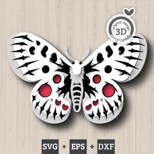 May include: A layered 3D butterfly cutout featuring white, black, and red sections. The design includes intricate wing patterns and a central body. A circular badge in the top right corner reads original design 3D SHOPOPATH. Text at the bottom reads SVG + EPS + DXF.