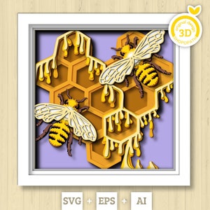 3D nid d'abeille ombre boîte SVG couches pissenlits SVG, printemps ombre boîte, abeille 3D Svg, abeille 3D Svg, fleurs Papercut svg Cricut Silhouette