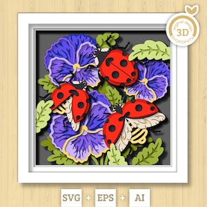 3D SVG Coccinelle Shadow Box, Layered Love Bug 3D SVG, Pansy 3D SVG, Summer Shadow Box, Fiori 3d Svg, Floral Papercut SVG Cricut Silhouette