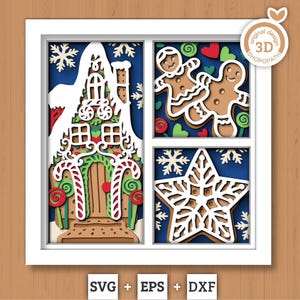 Paneles de casa de jengibre navideña - Caja de sombras 3D con capas SVG DXF EPS (archivos de corte)