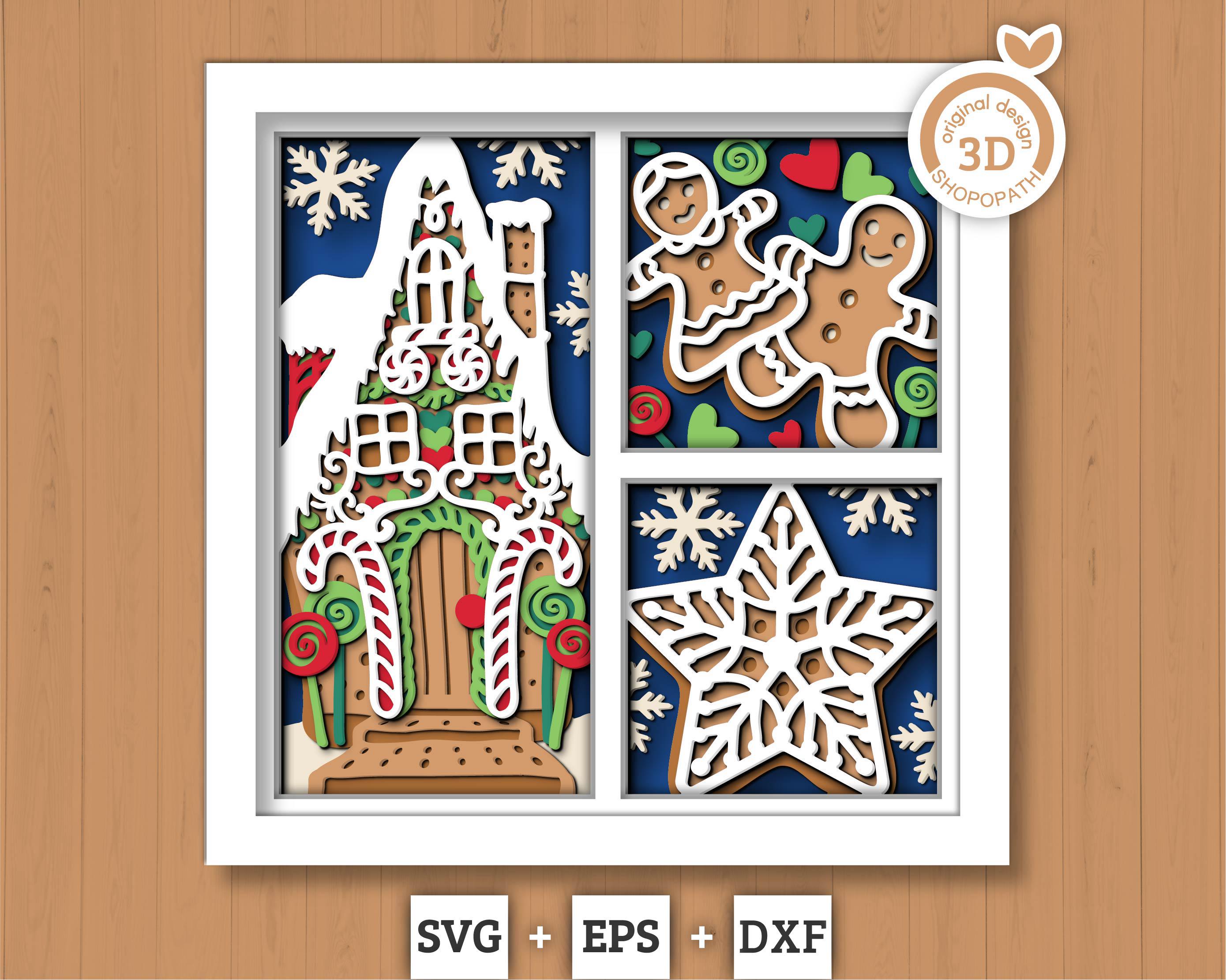 Christmas Gingerbread House Panels - 3D Shadow Box Layered SVG DXF EPS ...