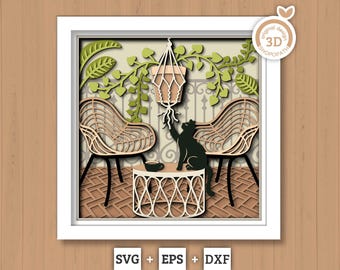 Boho Patio with Cat - 3D Shadow Box Layered SVG DXF EPS (Cutting Files)