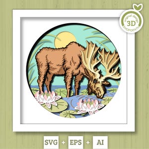 3D SVG Alce Acqua potabile dallo stagno Shadow Box SVG, Estate 3d in formato SVG, Alce 3d Svg, Natura 3D SVG, Lily Pond 3d in formato SVG, Cricut Silhouette